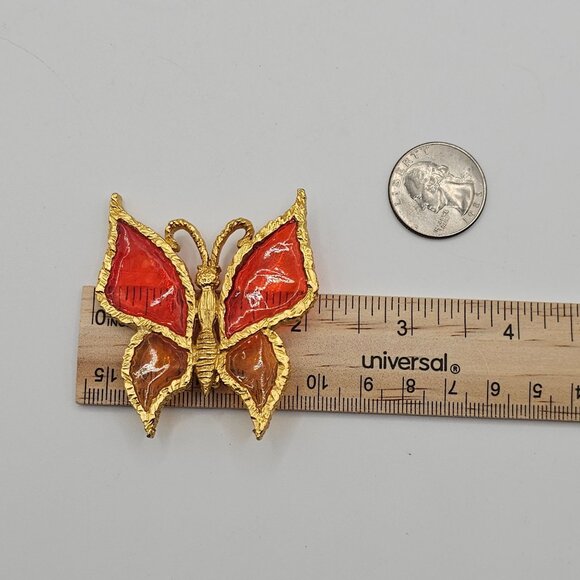 Vtg Red Amber Butterfly Brooch Pin Resin Wings Gold Tone Stained Glass Style - Picture 7 of 8